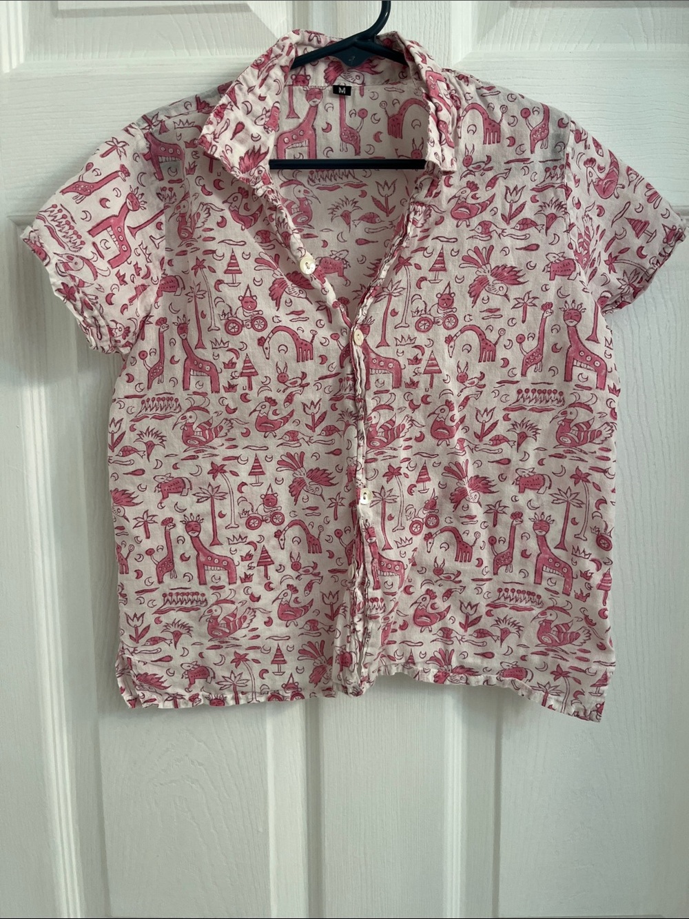 Kids Short-Sleeve Button-Up Shirt in Pink Animal Print